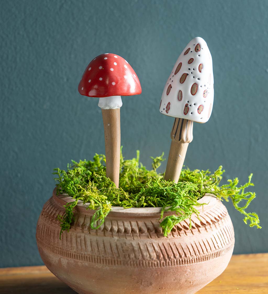Ceramic Mushroom Spore Plant Stakes, Set of 2