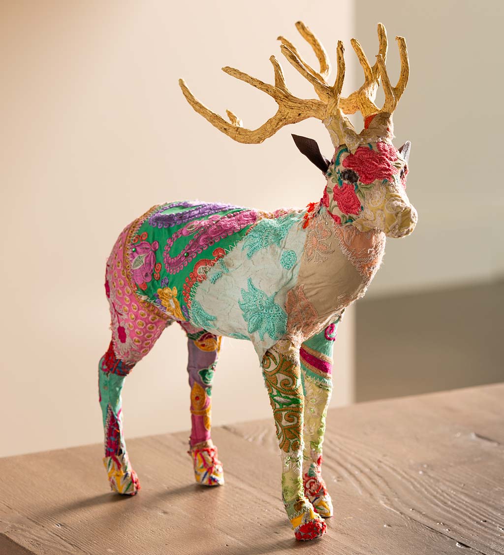 Upcycled Kantha Deer Standing Stag, Giant