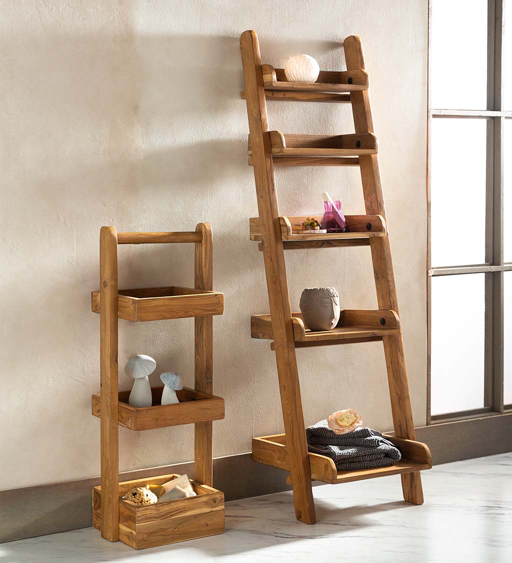 5-Tiered Open Wall Mount Teak Wood Ladder Bookshelf