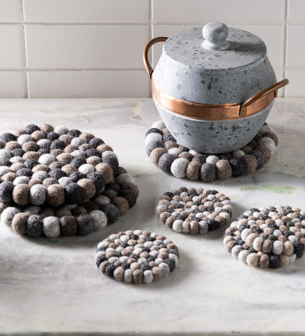 Felted Wool Pebble Coasters and Trivet Set Collection