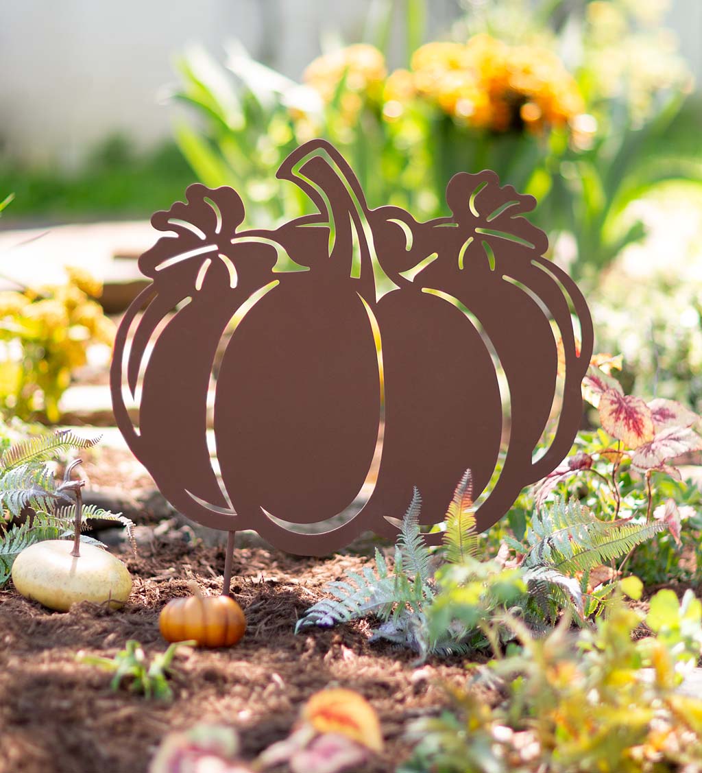 Metal Pumpkin Silhouette Garden Stake with Rust-Like Finish