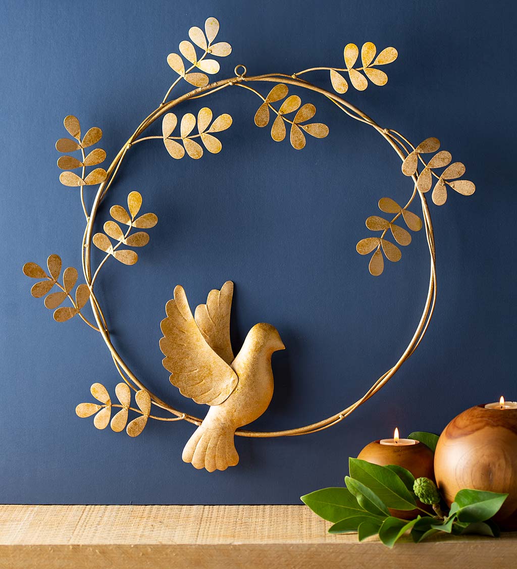 Gold Dove with Olive Branch Metal Wreath