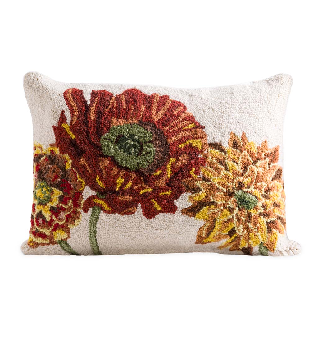 3 Fall Flowers Hand-Hooked Wool Decorative Throw Pillow