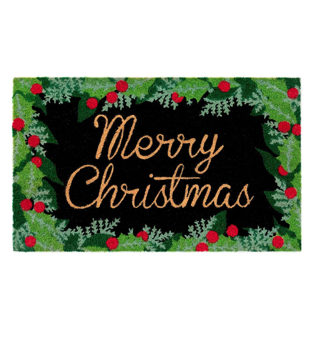 Merry Christmas Holly Coir Doormat