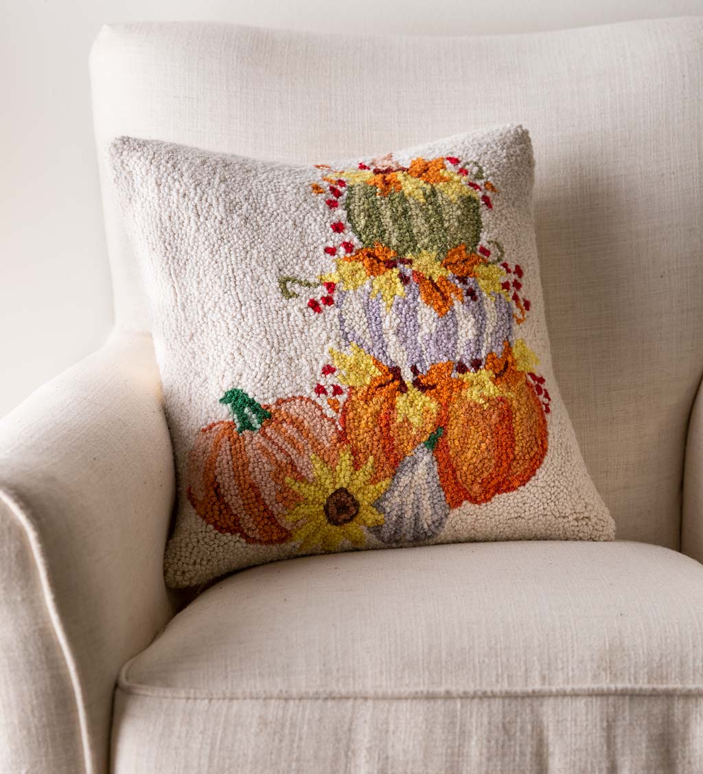 Pumpkin Cairn Hand-Hooked Wool Decorative Throw Pillow, 16"Sq.