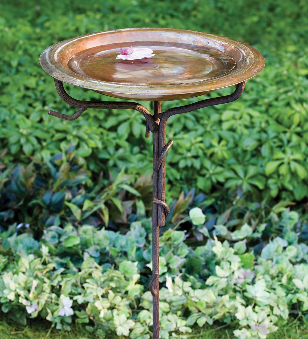 Solid Copper Bird Bath with Twig Metal Stake