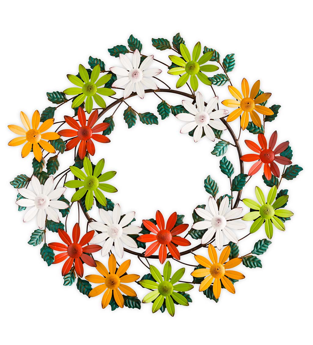 Hand-Painted Colorful Metal Flowers and Leaves Wreath