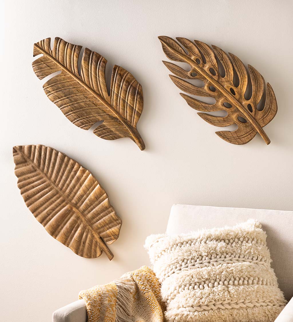 Carved Wooden Palm Leaves Wall Art, Set of 3