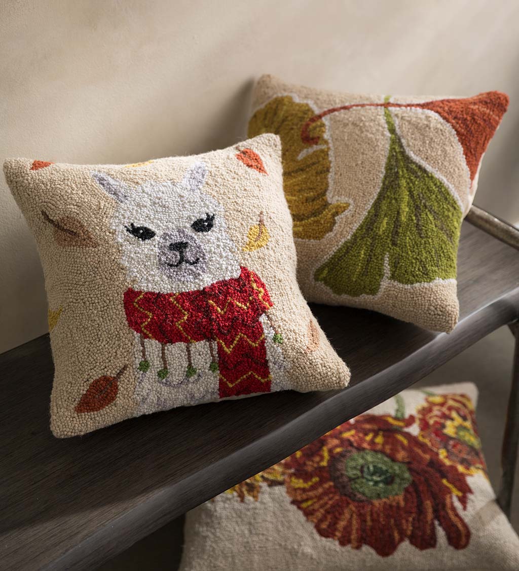 Fall Llama Hand-Hooked Wool Decorative Throw Pillow, 16"Square
