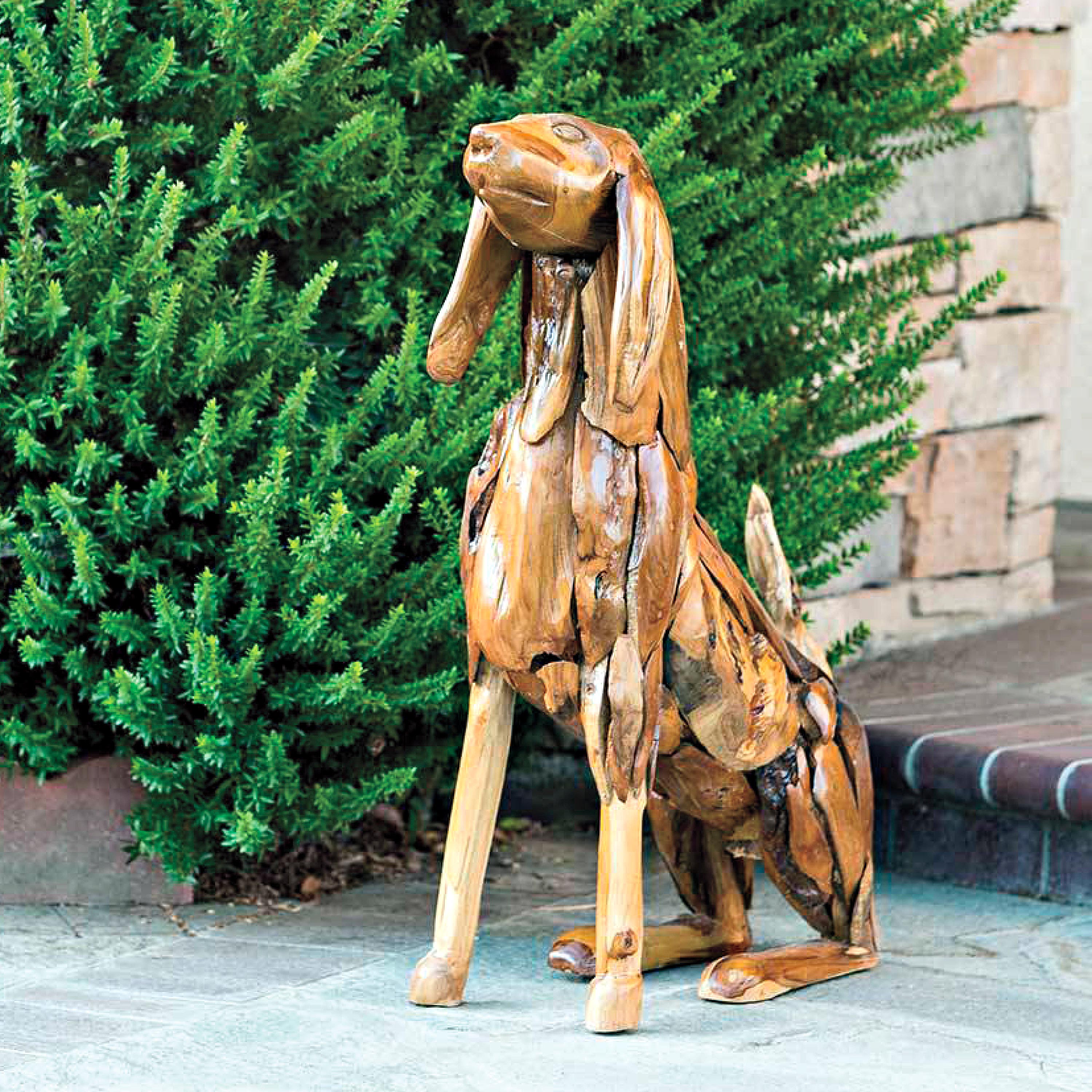 Indoor/ Outdoor Teak Sitting Dog Sculpture