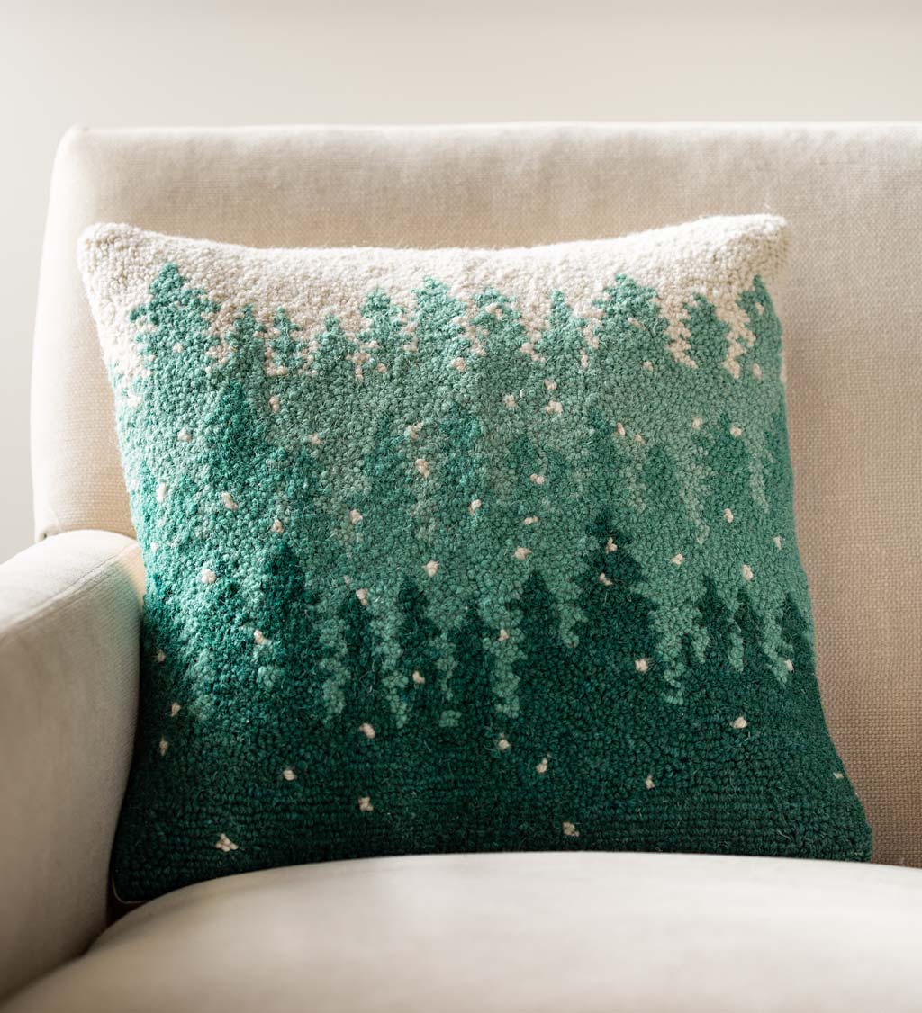 Pine Forest Wool Hand-Hooked Throw Pillow, 16"sq.
