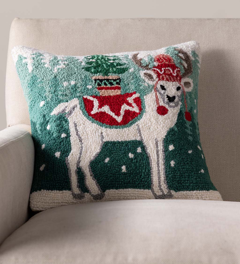 Deer with Trees Hand-Hooked Throw Pillow, 16"Sq.