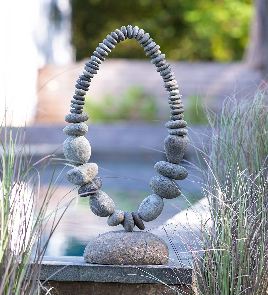 River Stone Oval Garden Sculpture on Stand