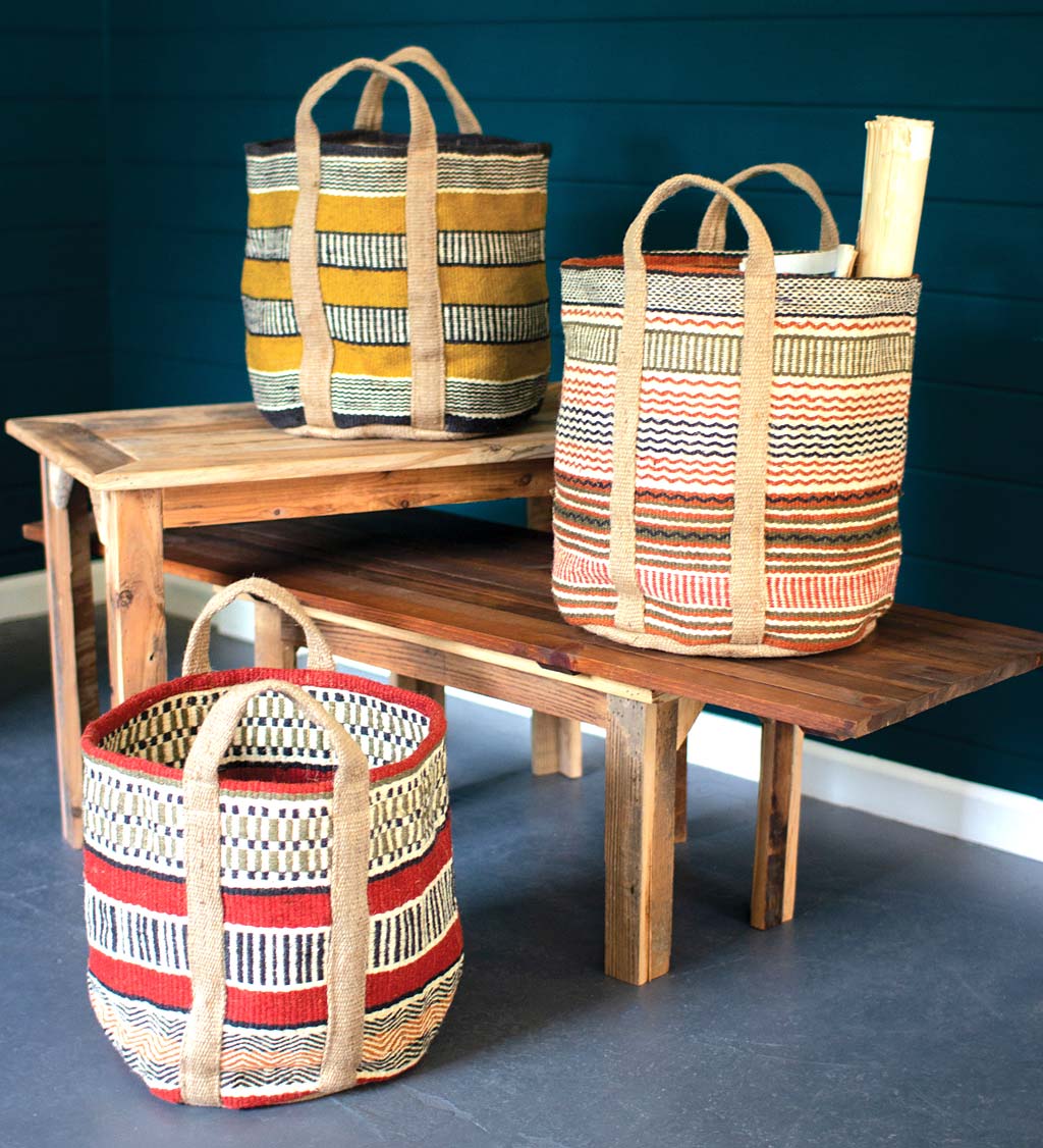 Multicolored Woven Jute Baskets with Handles, Set of 3