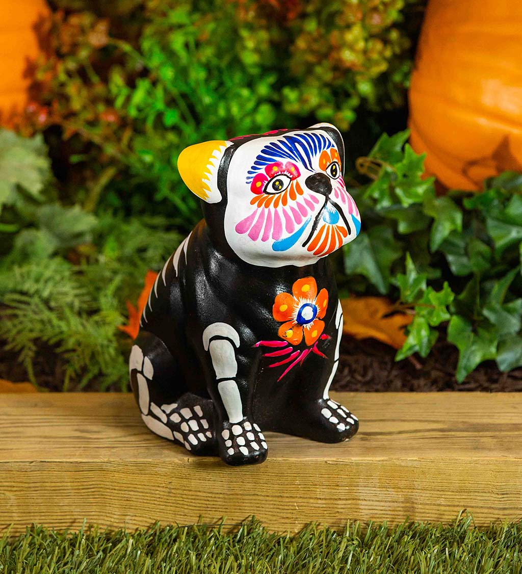 Ceramic Halloween Day of the Dead Skeleton Animal Garden Statue, Dog