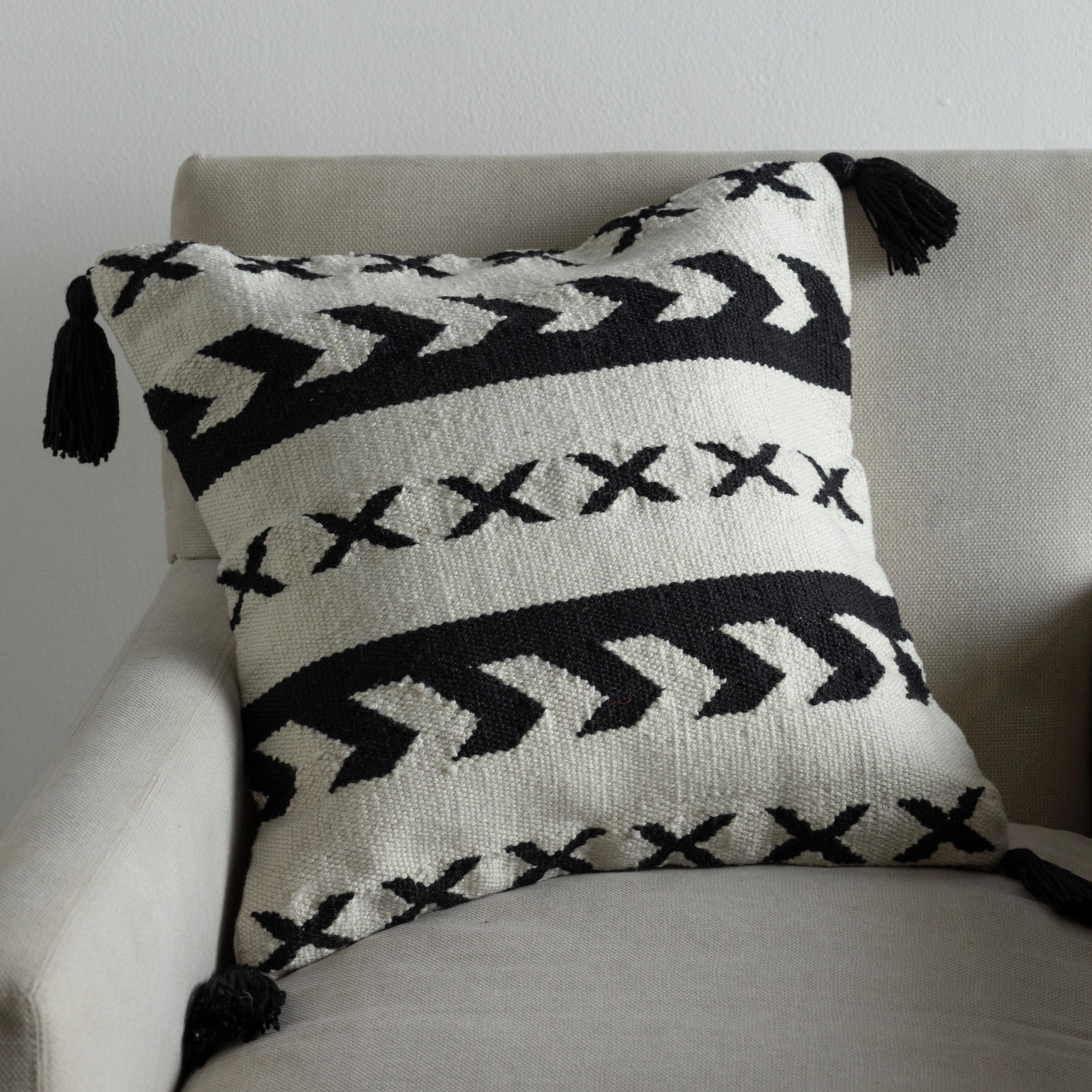 Black and White Geo Print Tasseled Outdoor 22" Square Throw Pillow
