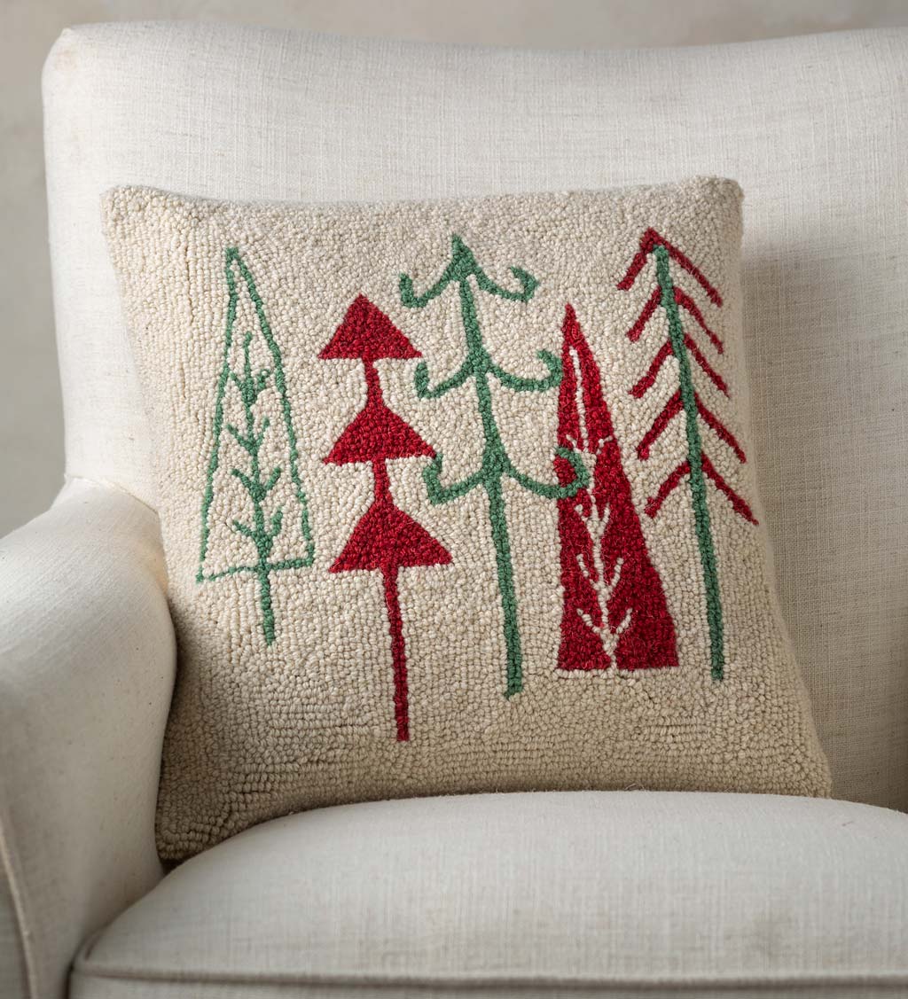Holiday Trees Hand-Hooked Pillow, 16"Sq.