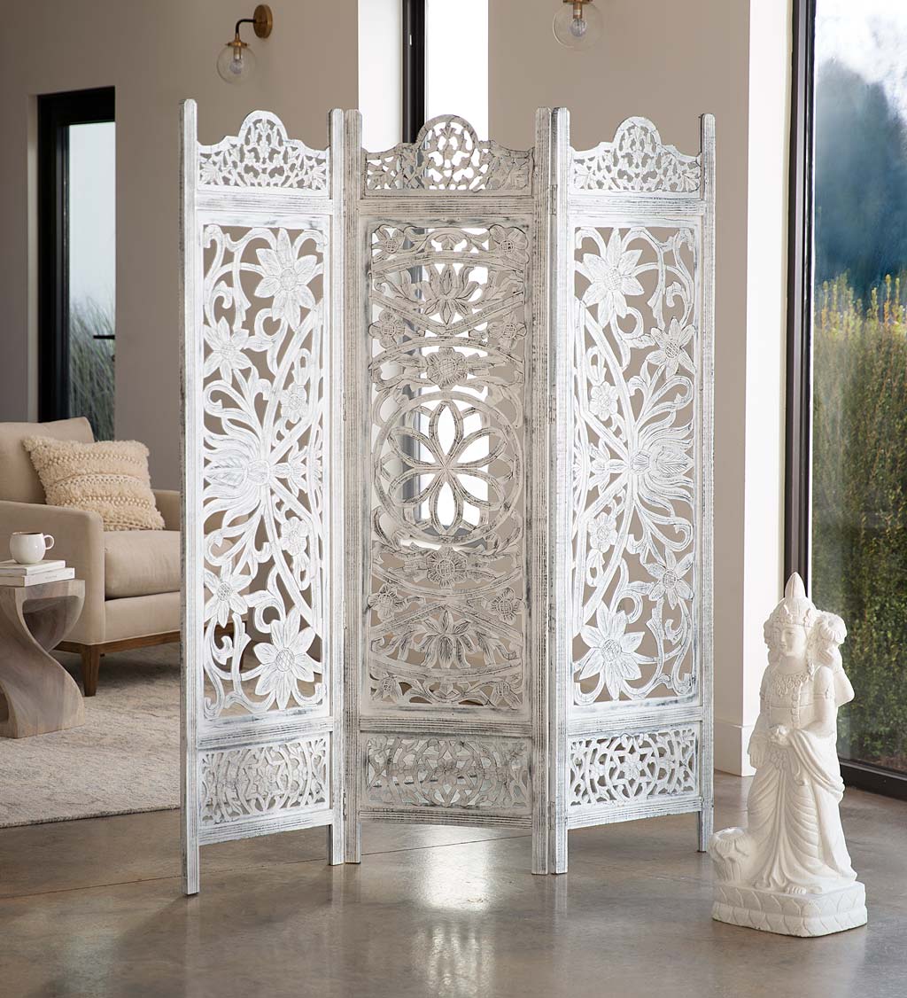 White Handcarved Lotus Folding Screen
