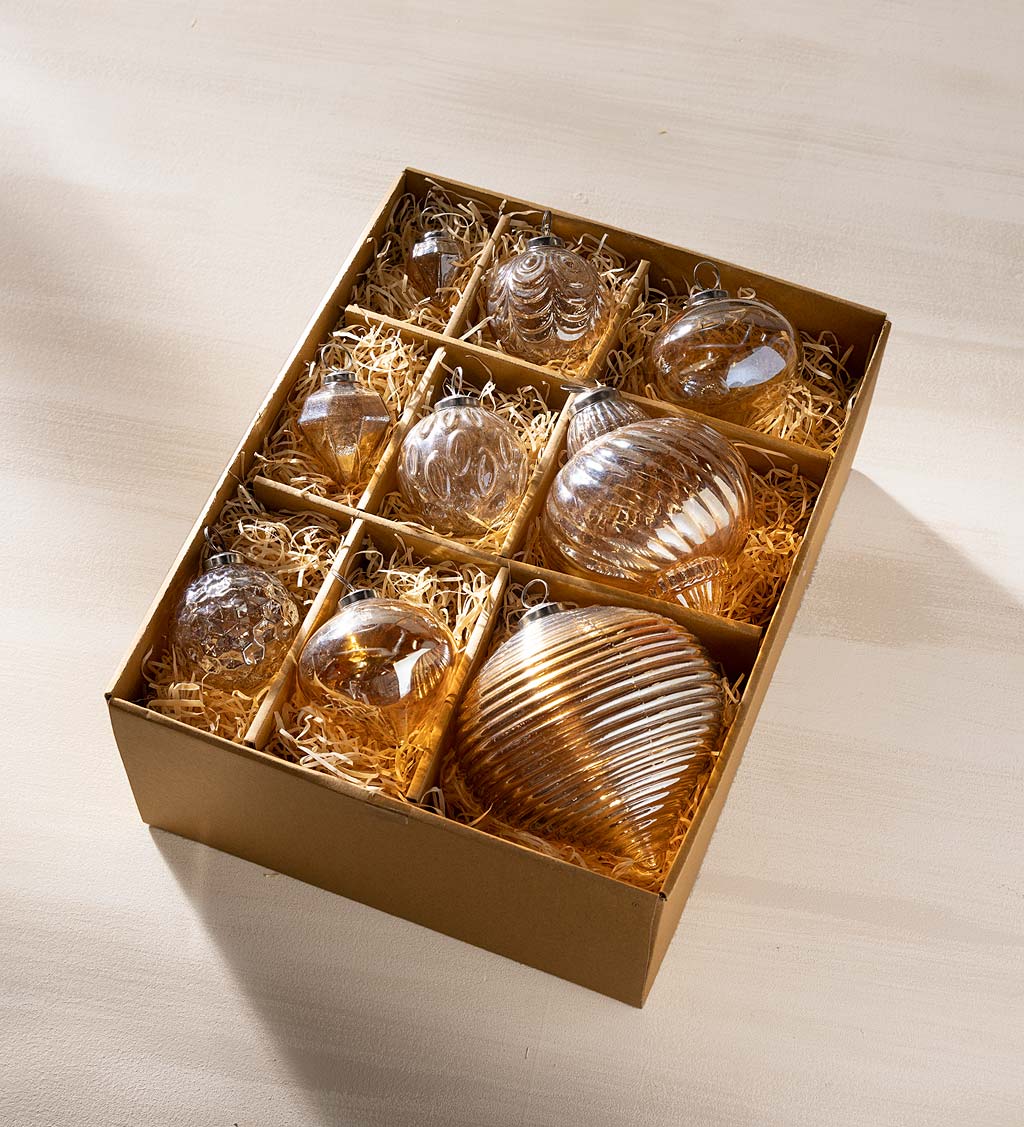 Hand-Blown Gold Glass Ornament Box, Set of 9