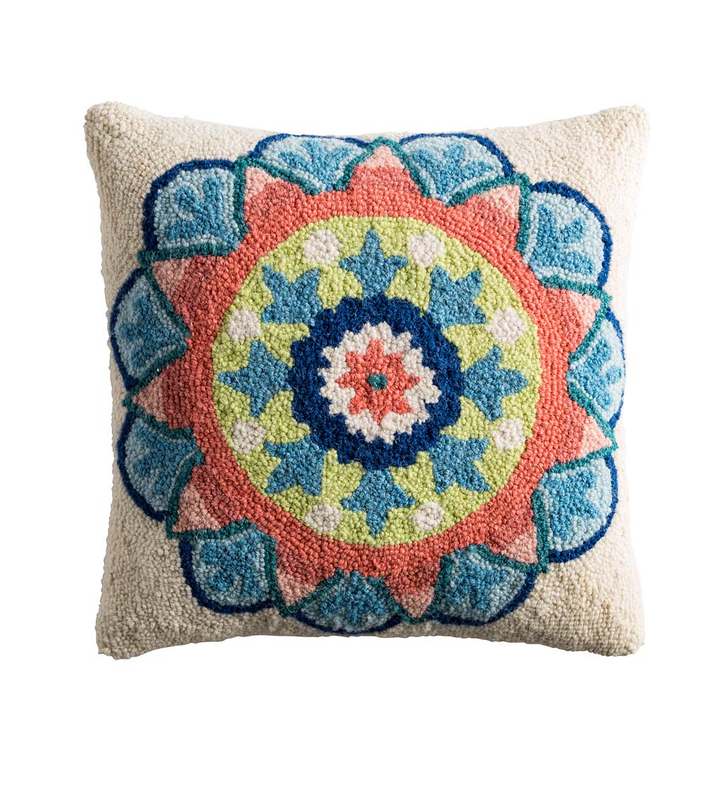 Medallion Hand-hooked Wool Pillow, Single Bloom