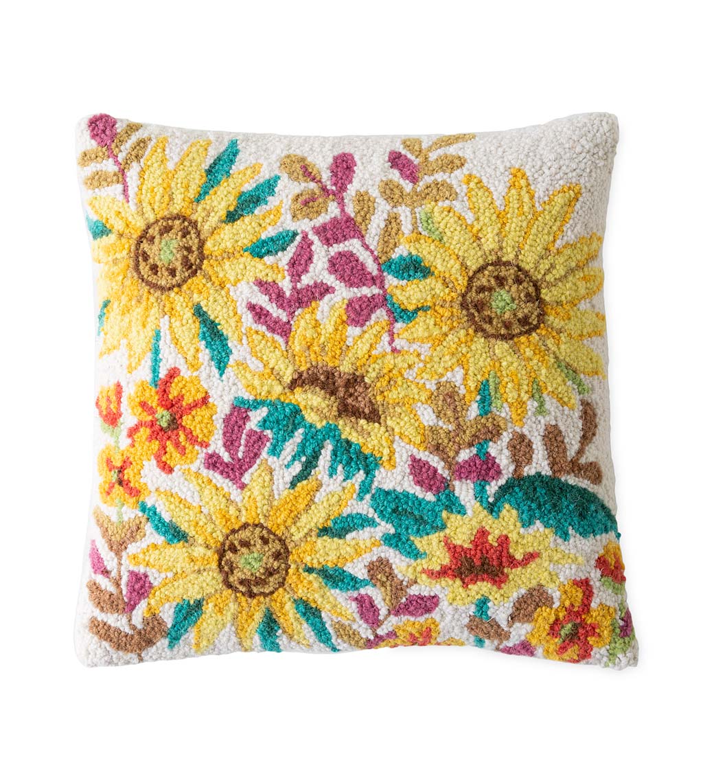 Sunflower Hand-Hooked Wool Decorative Throw Pillow, 16"Sq.