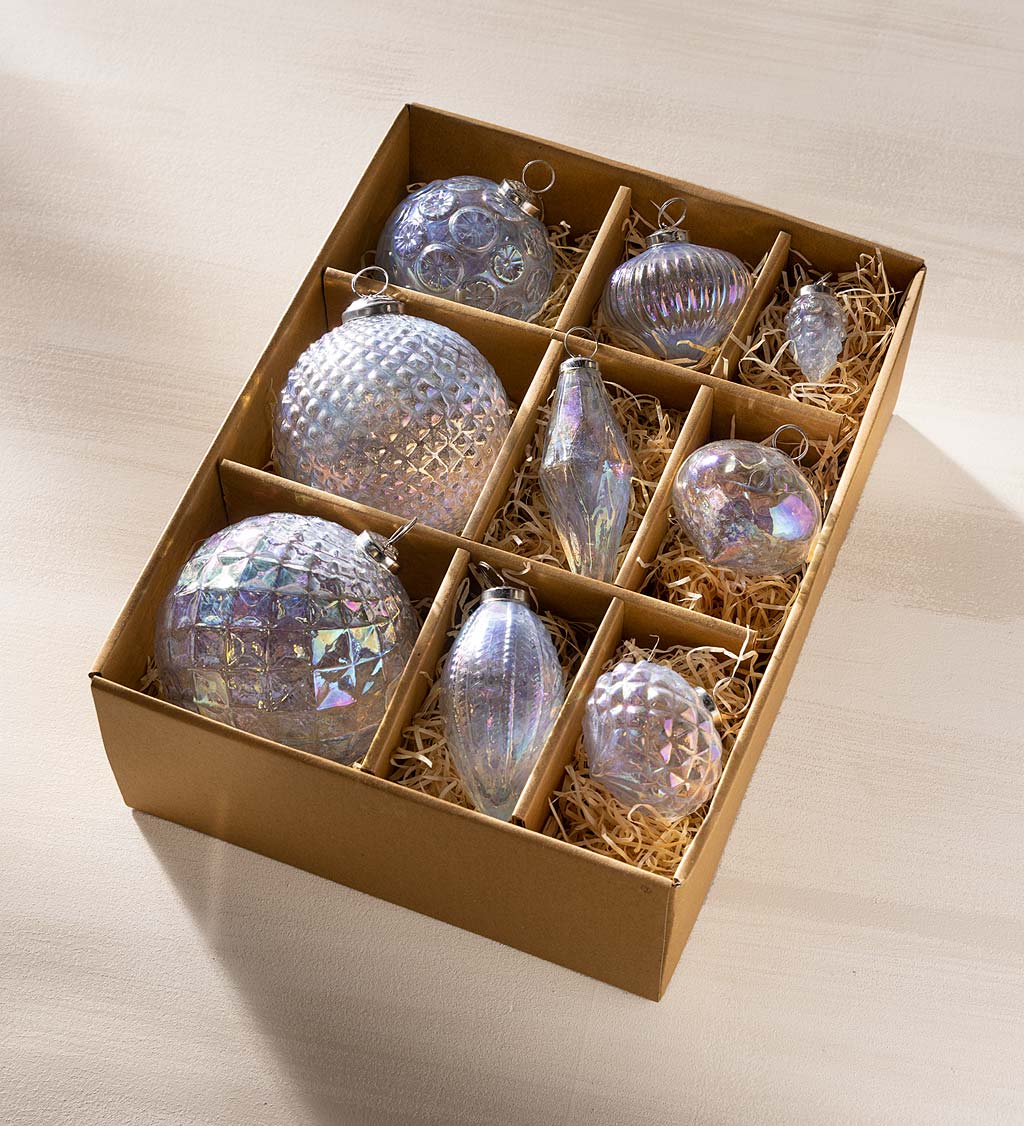 Hand-Blown Luster Glass Ornament Box, Set of 9