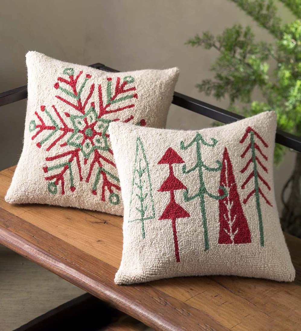 Snowflake Hand-Hooked Pillow, 16"Sq.