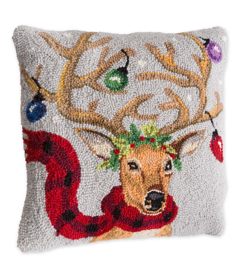 Hand-Hooked Lighted Reindeer Pillow