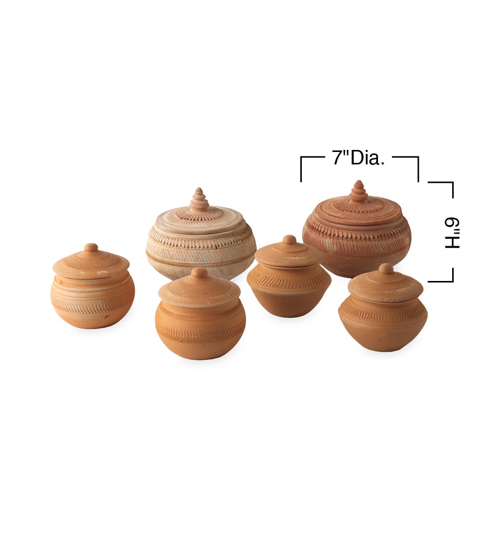 Artisanal Carved Clay Mini Pots with Lids, Set of 6