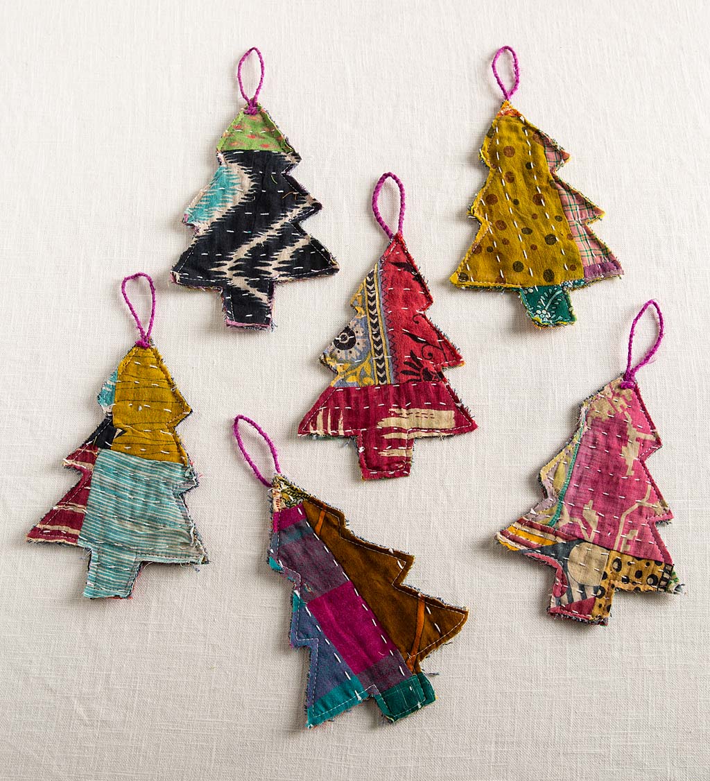 Kantha Tree Shaped Ornaments, Set of 6