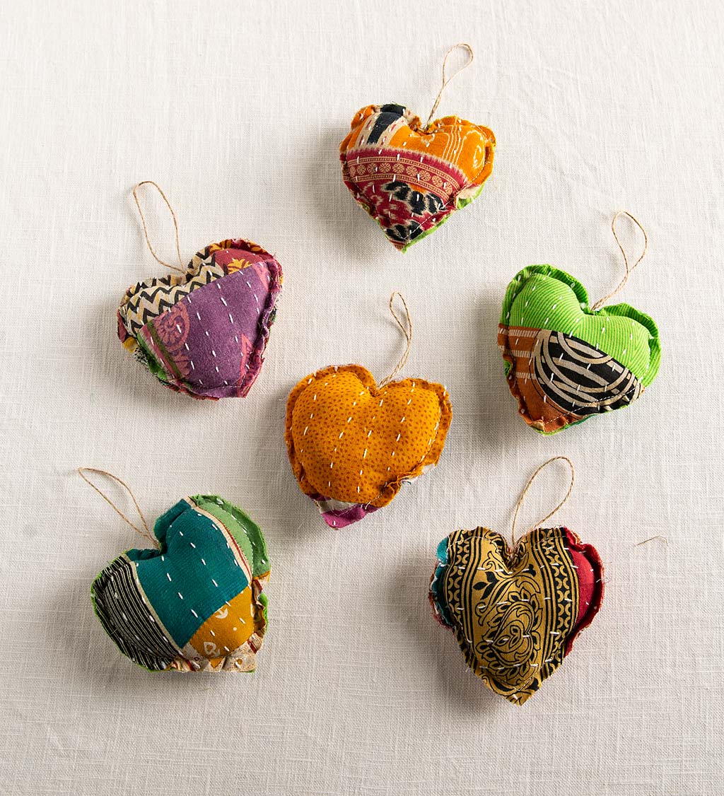 Kantha Heart Shaped Ornaments, Set of 6