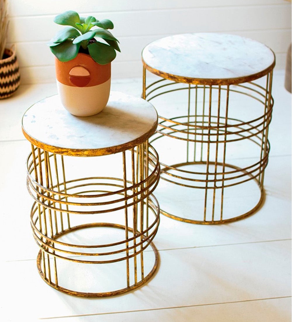 Marble Top Side Tables with Gold Metal Bases, Set of 2