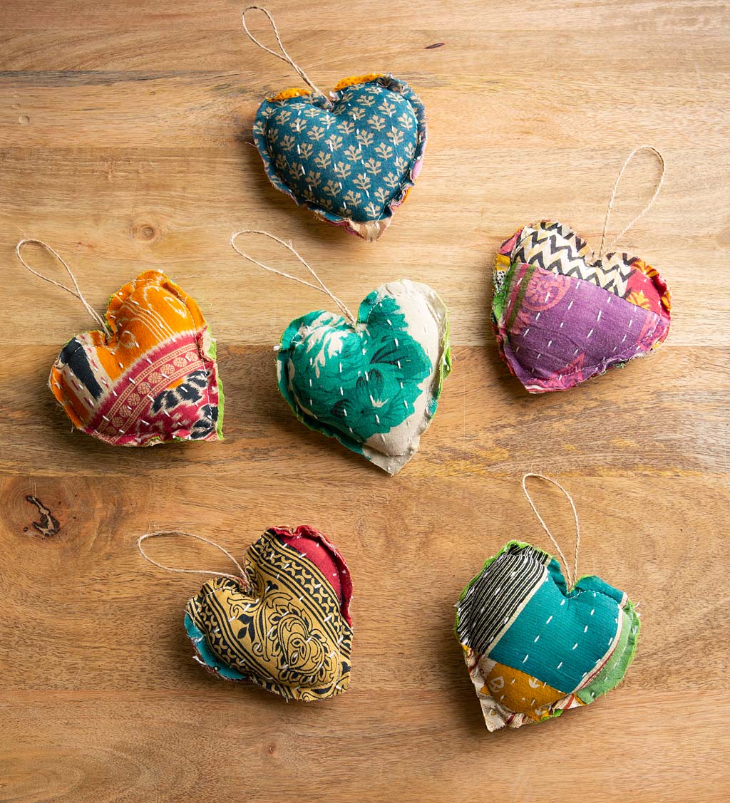 Kantha Heart Shaped Ornaments, Set of 6