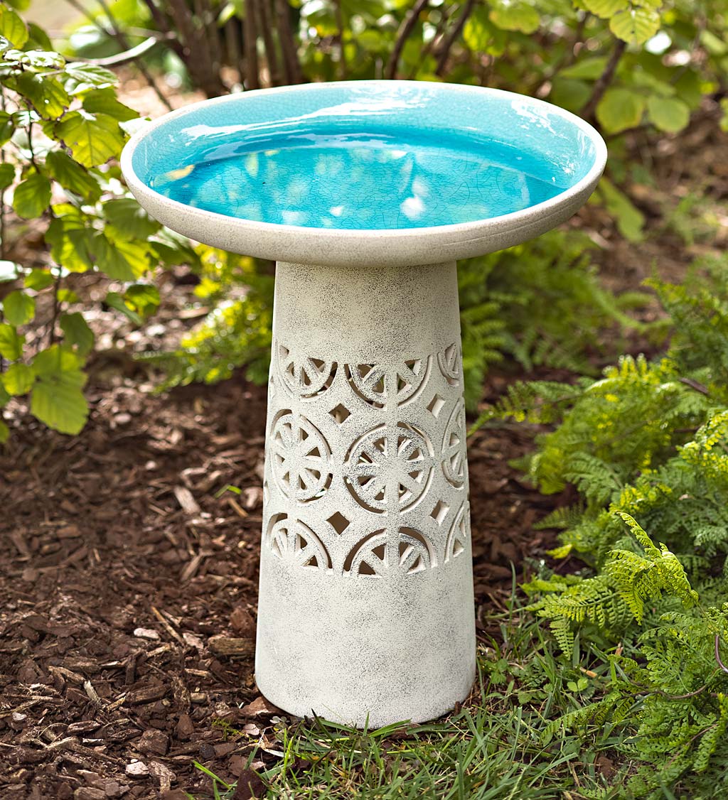 Aqua Crackle Glazed Ceramic Birdbath