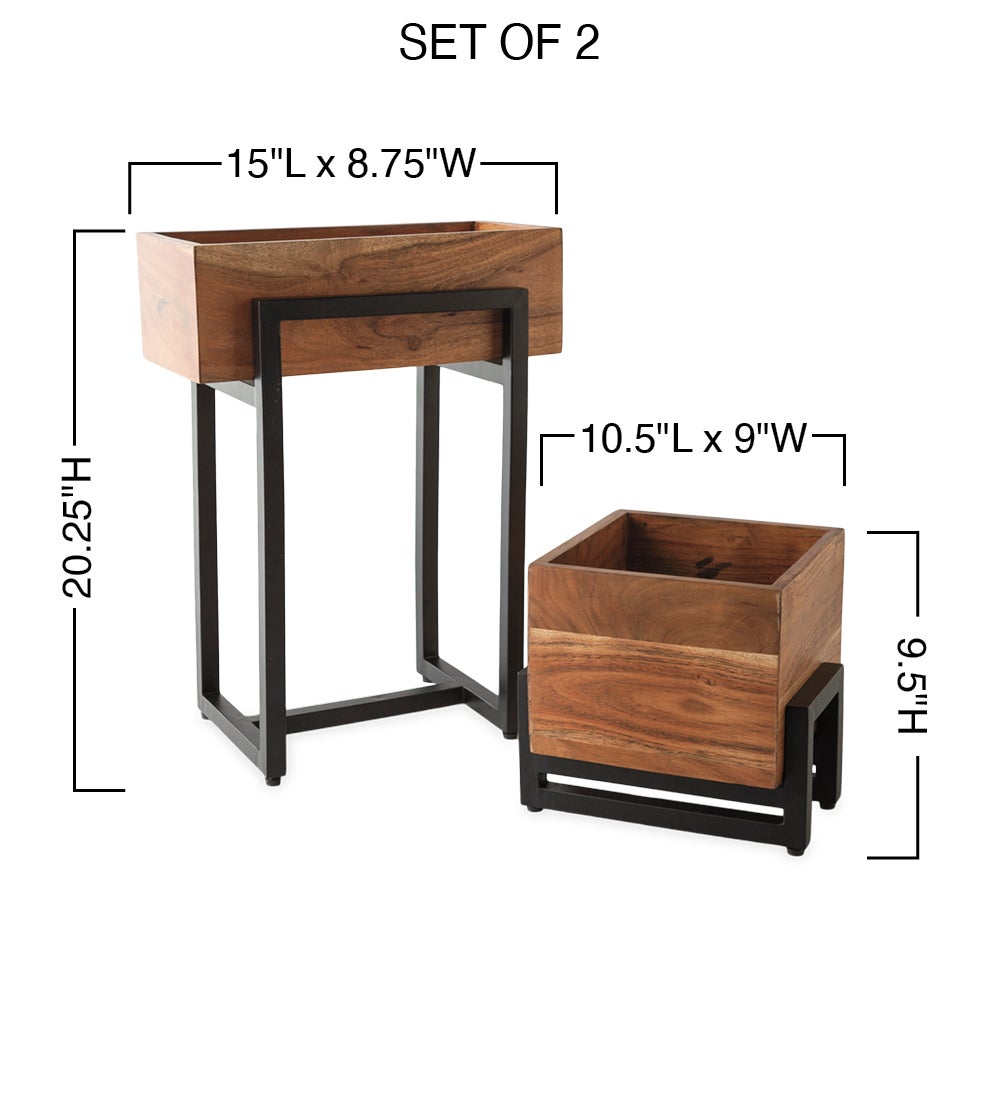 Acacia Wood and Metal Plant Stands, Set of 2