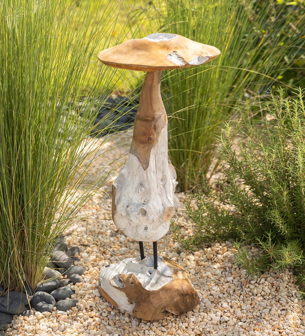 Handcrafted Teak Outdoor Mushroom Sculpture