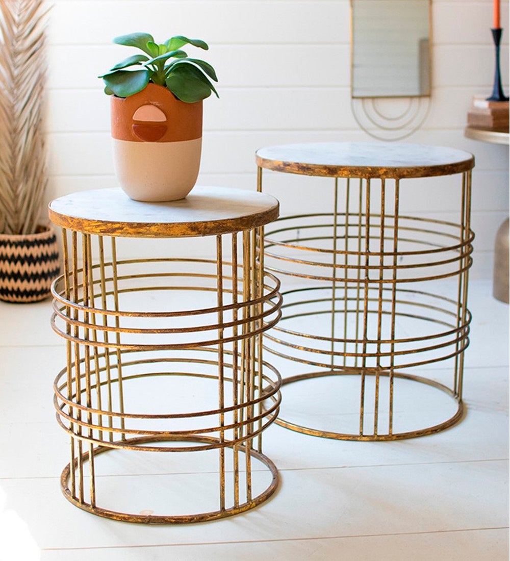 Marble Top Side Tables with Gold Metal Bases, Set of 2