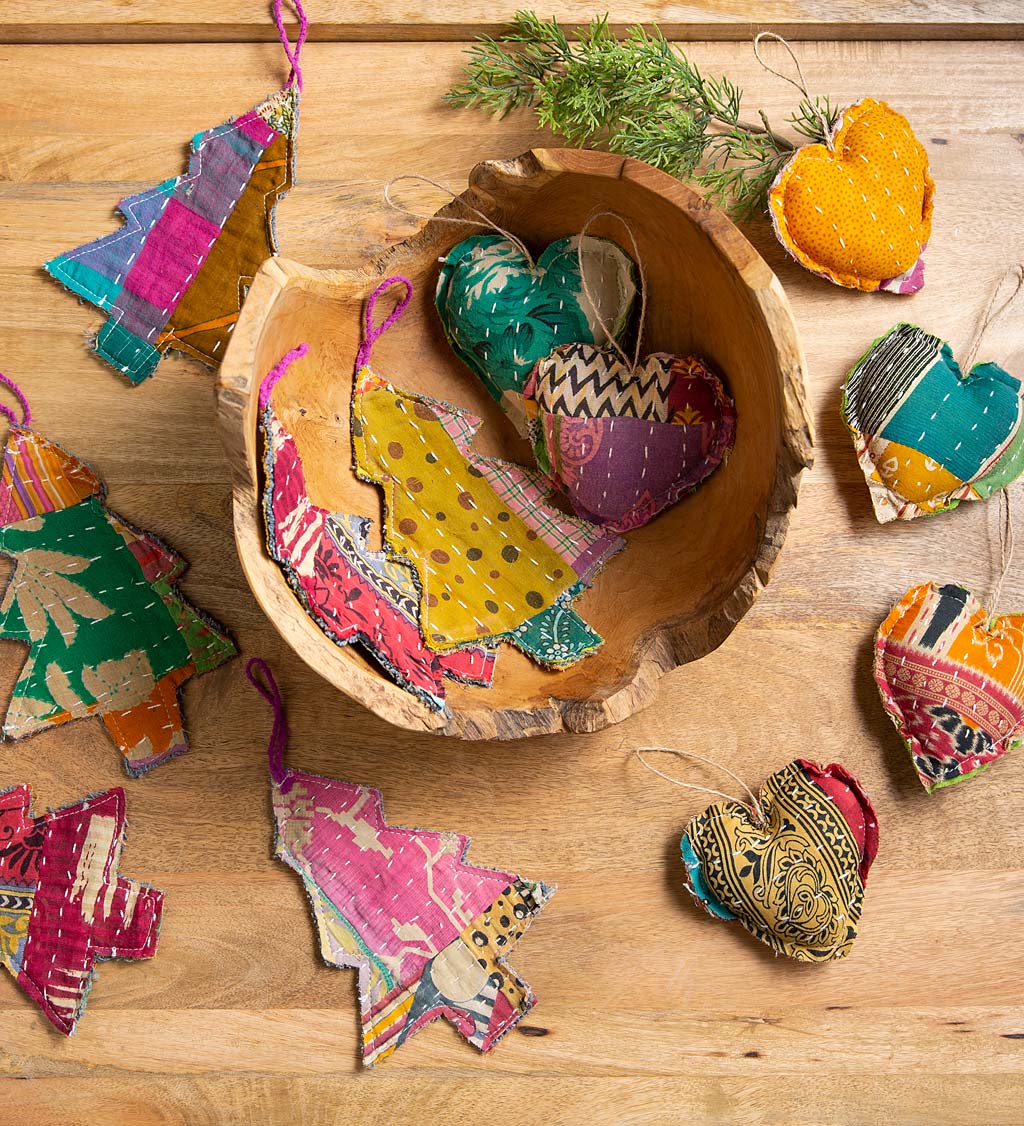 Kantha Heart and Tree Shaped Ornament Collection Set