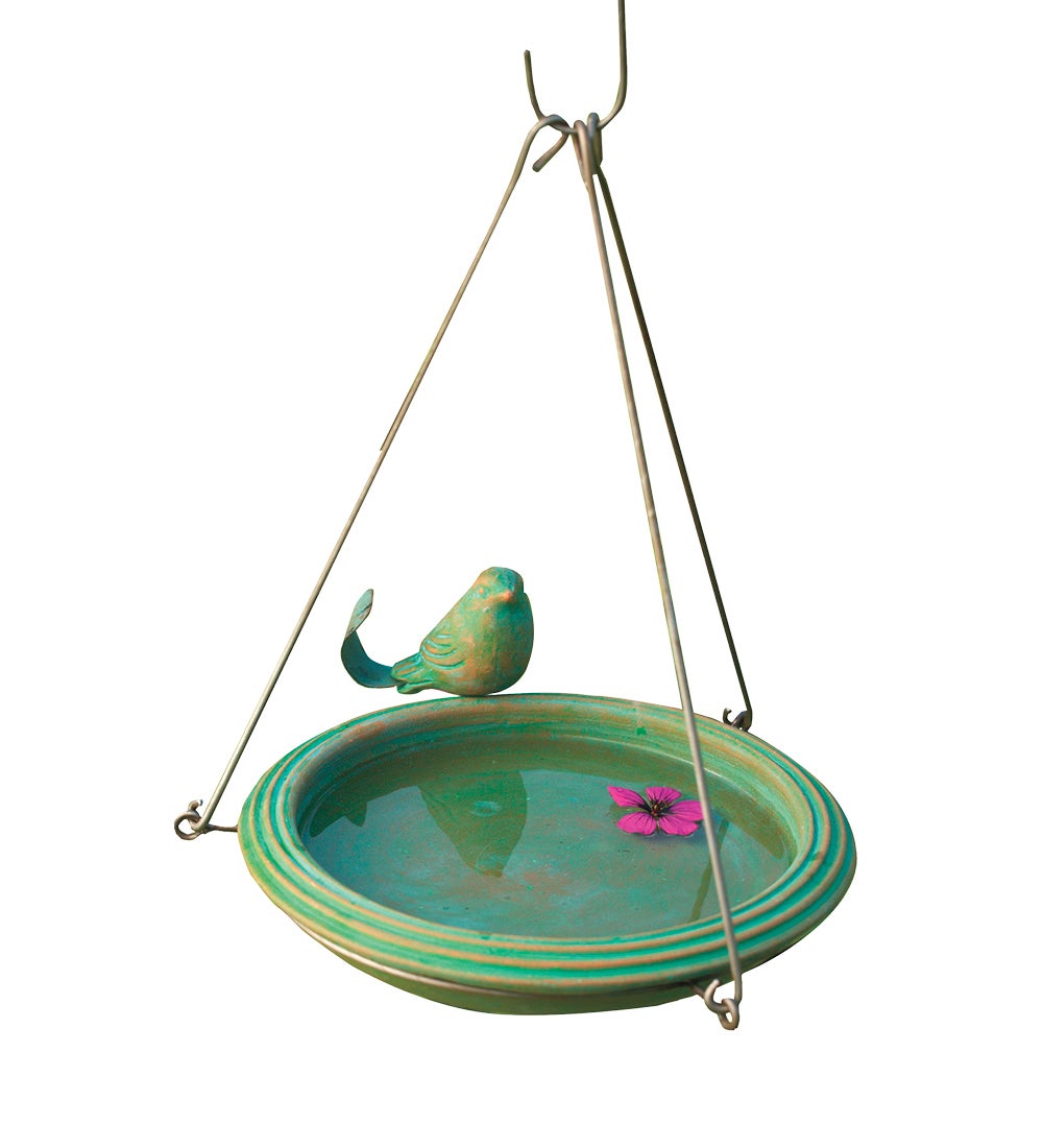 Hanging Birdbath with Perched Bird
