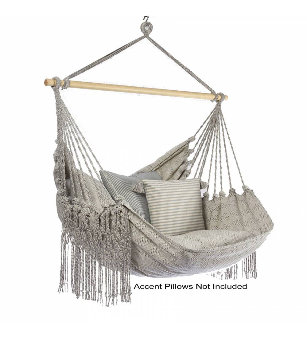 Upcycled Gray Denim Fringe Hammock Swing Chair with Pillows