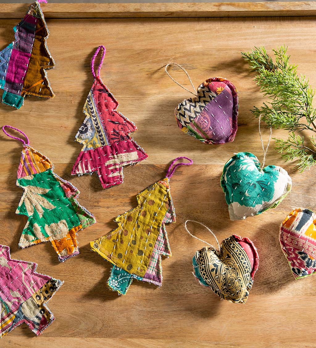Kantha Heart and Tree Shaped Ornament Collection Set