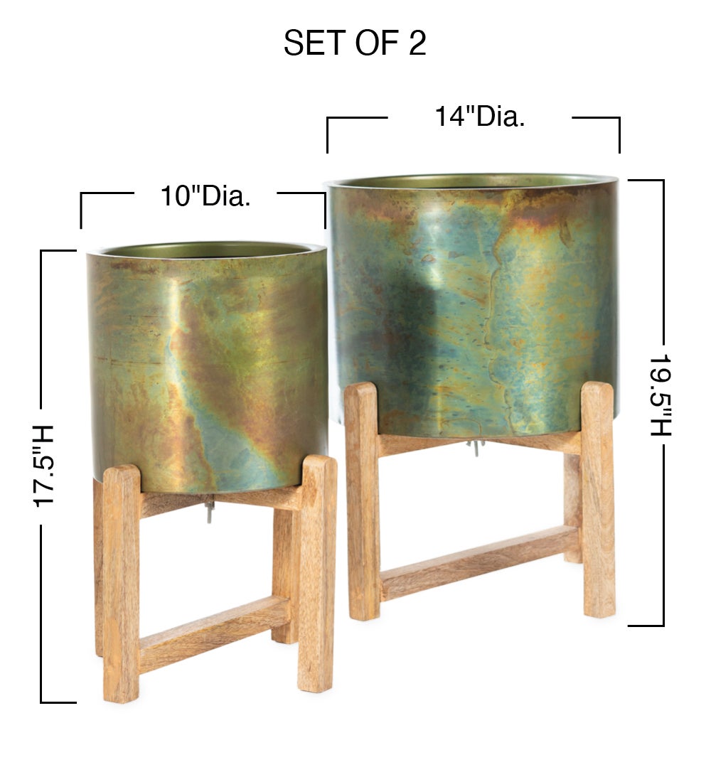 Patina Finished Planters on Stand, Set of 2