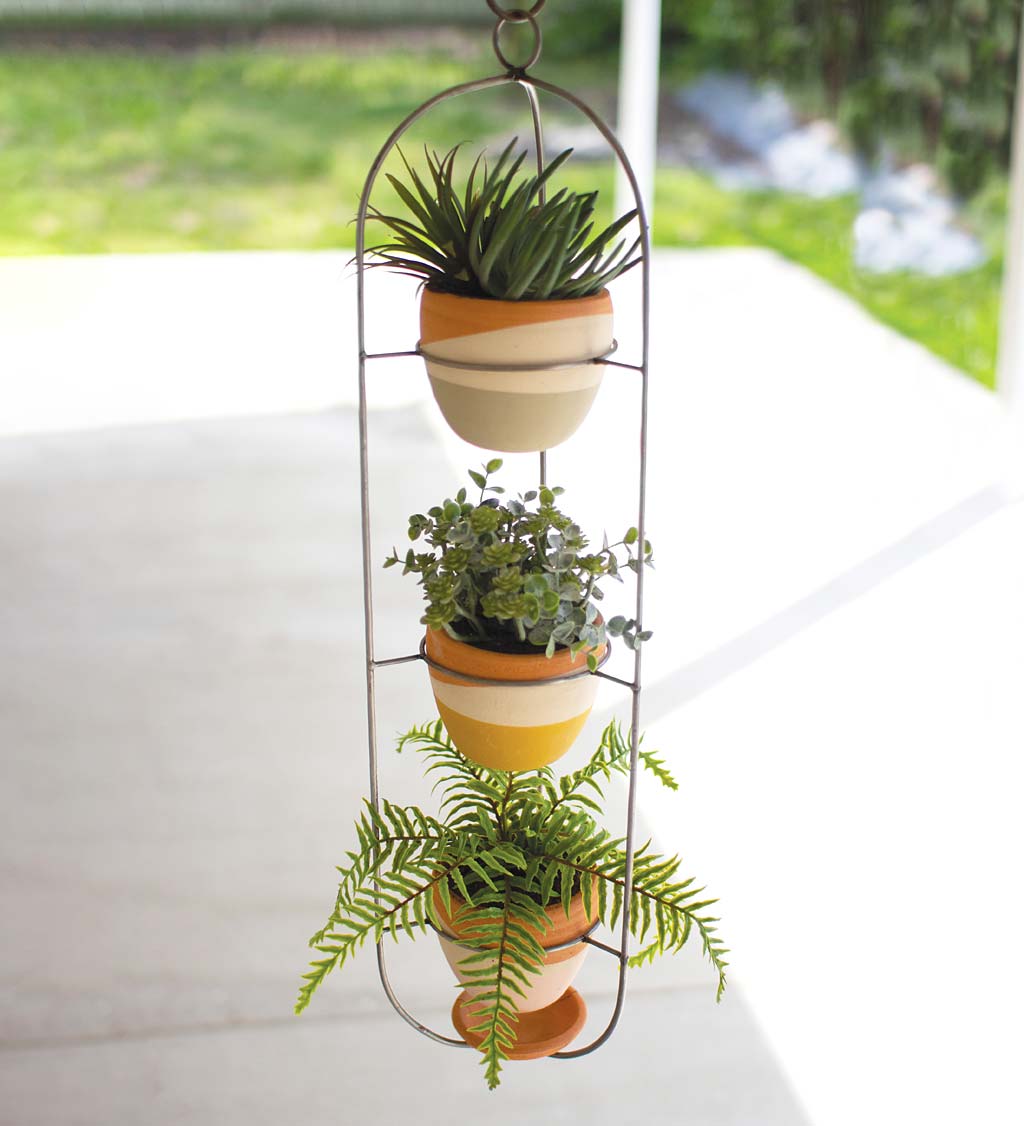 Hanging Metal Frame with 3-Tier Terracotta Planters