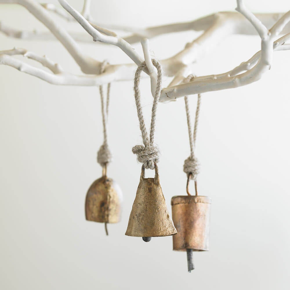 Mini Temple Bell Ornaments, Set of 6 - Gold - Brass