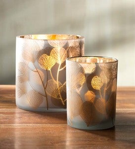 Etched Silver Dollar Glass Hurricane Candle Holders | VivaTerra