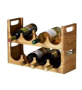 Design Ideas Takara Wine Rack Holds 4 Bottles Stackable Natural Teak Wood Bottle Holder with Handles 