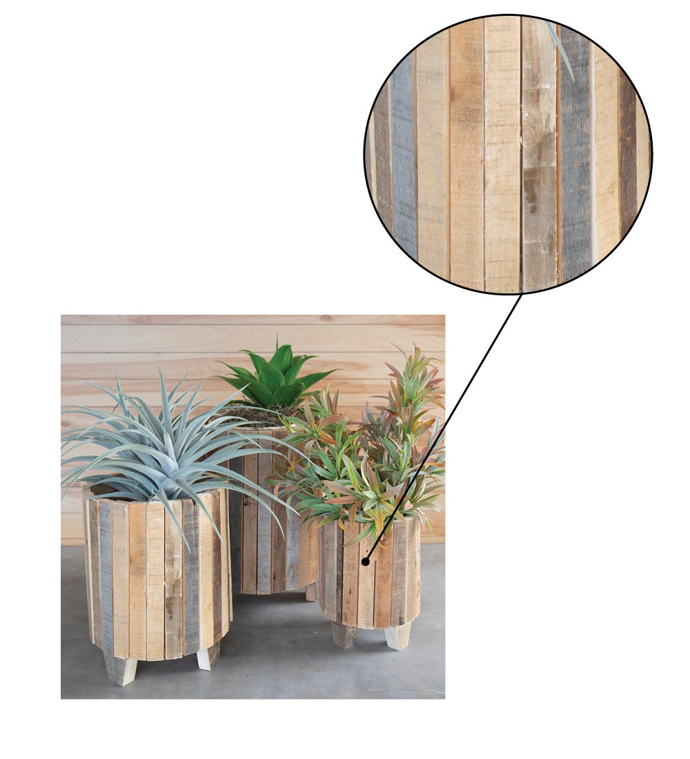 Natural Recycled Wood Round Planters, set of 3