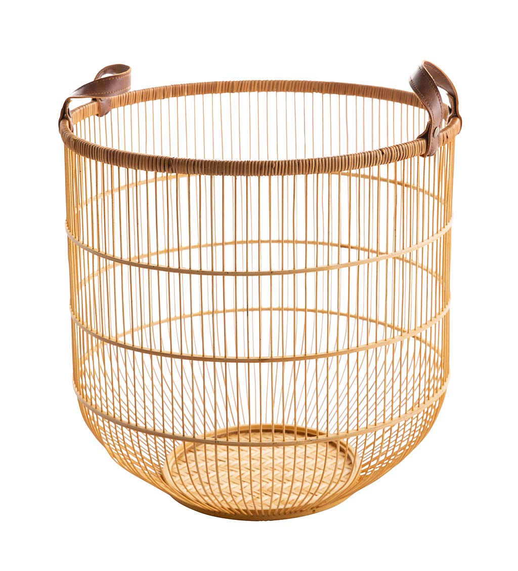 Bamboo Baskets with Faux Leather Handles, Set of 2