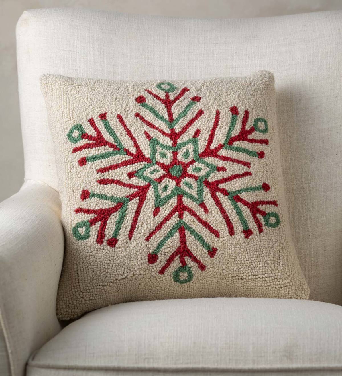 Snowflake Hand-Hooked Pillow, 16"Sq.