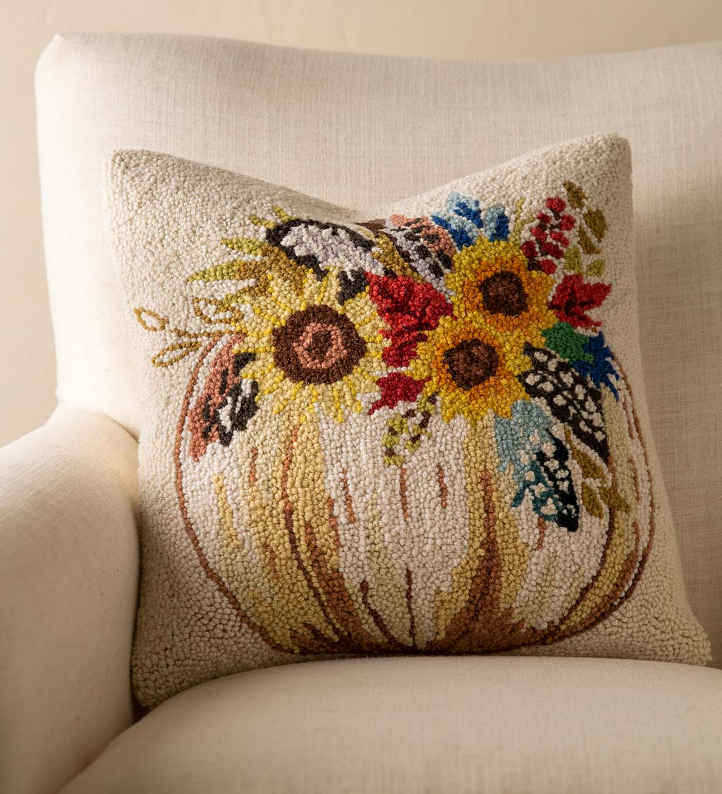 Pumpkin and Feathers Hand-Hooked Wool Decorative Throw Pillow, 16"Sq.